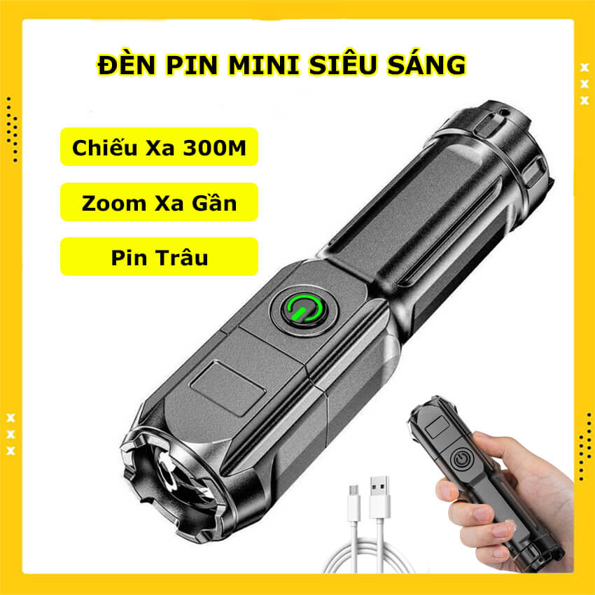 Đèn pin siêu sáng mini cầm tay chiếu xa 300M có Zoom xa gần, đèn pin Led cầm tay mini nhỏ gọn 3 chế độ, đèn pin Flash siêu sáng chip Led XPE T6 sạc điện