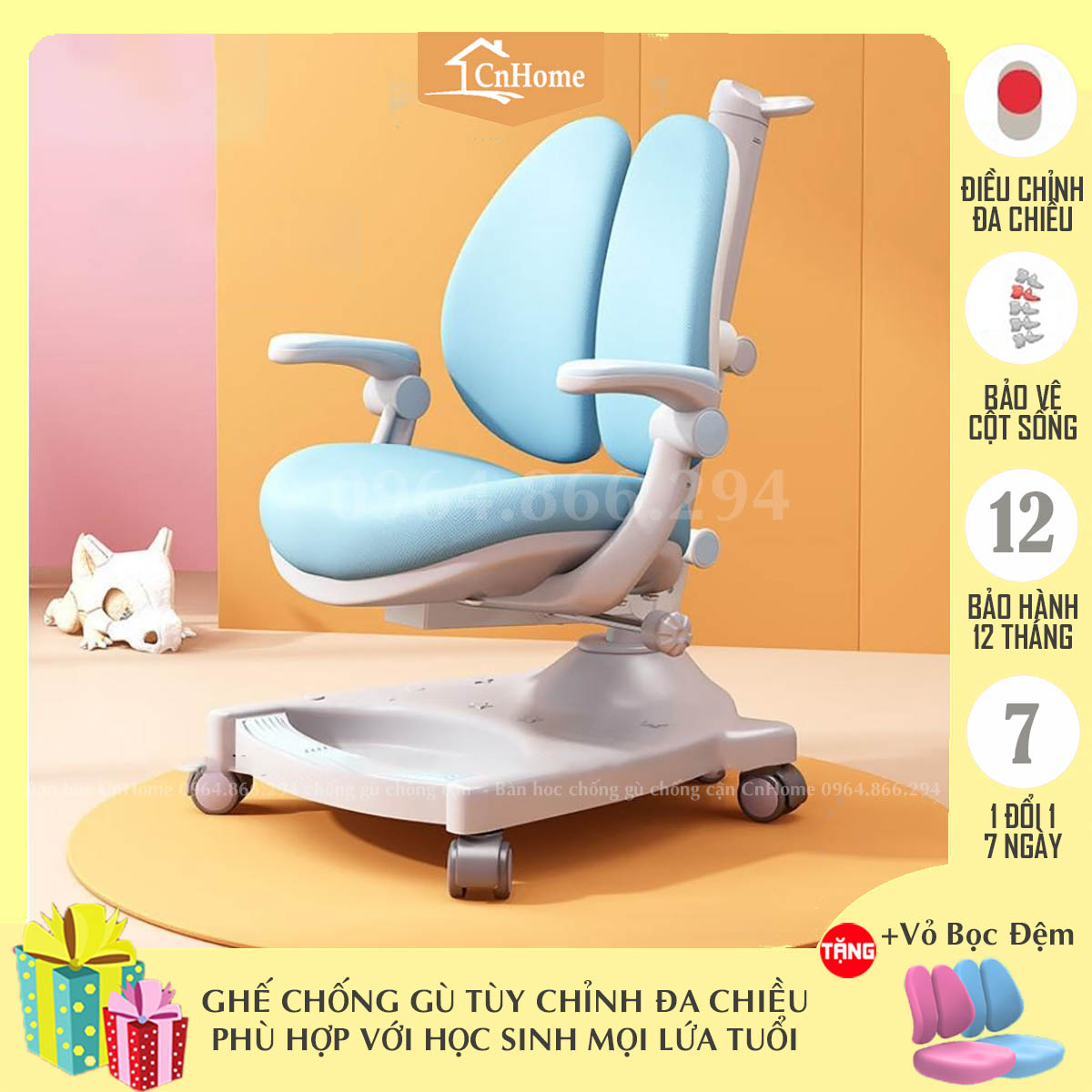 Ghế học sinh chống gù C02 CnHome, Ghế học cho bé thông minh công thái học điều chỉnh 3 chiều thoáng khí kháng khuẩn