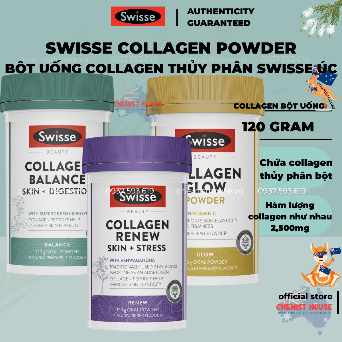 Combo Swisse Beauty Collagen Collagen 3 hũ Bột uống Swisse Úc - Powder Balance Renew Glow