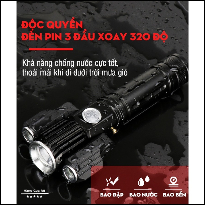 Đèn pin siêu sáng mini cầm tay + Tặng dây sạc micro usb - Fullbox gồm 1 đèn pin đi phượt 3 bóng, 1 pin loại 18650, giấy HDSD, hộp đựng - hàng cực rẻ HCR-X300