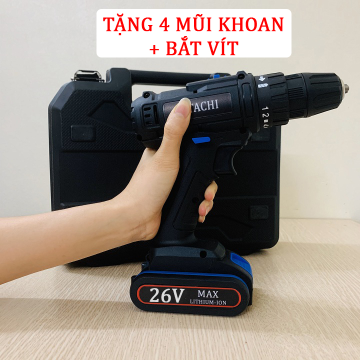 Khoan pin 26v Tặng 4 mũi khoan + bắt vít + hộp cao cấp