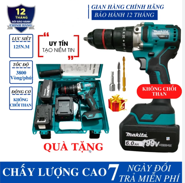 Máy Khoan Makita 199v lực Khoan Lớn 2 PIN 15 cell . Máy Khoan Bê Tông Tường Sắt Gỗ . Lõi Đồng 100