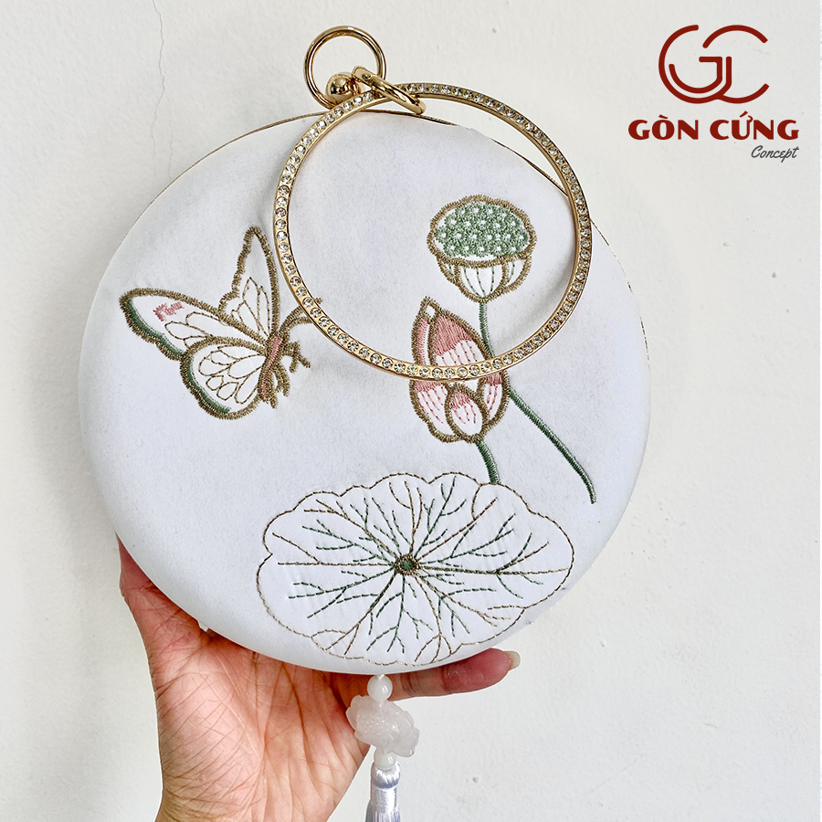 Túi xách nữ tròn Gòn Cứng chất liệu vải gấm thượng hạng, hoa văn thêu tinh xảo cao cấp sang trọng T003