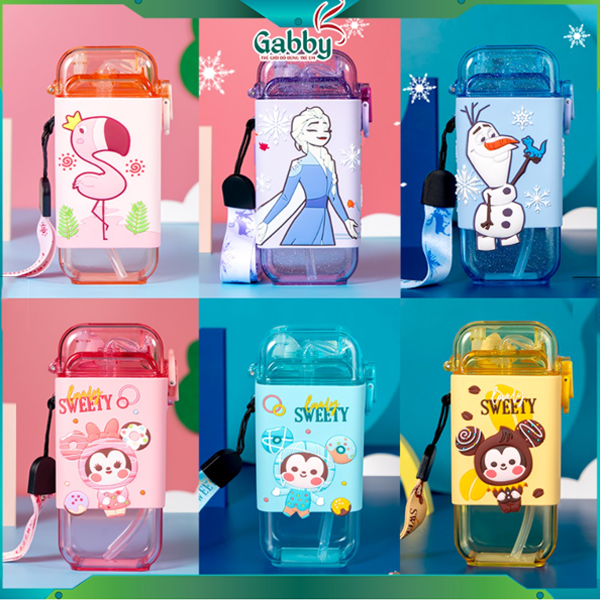 Bình nước dây đeo 280ml (hình elsa/ olaf/ mickey/ tsum/ hồng hạc/ hươu/ ngựa vằn)