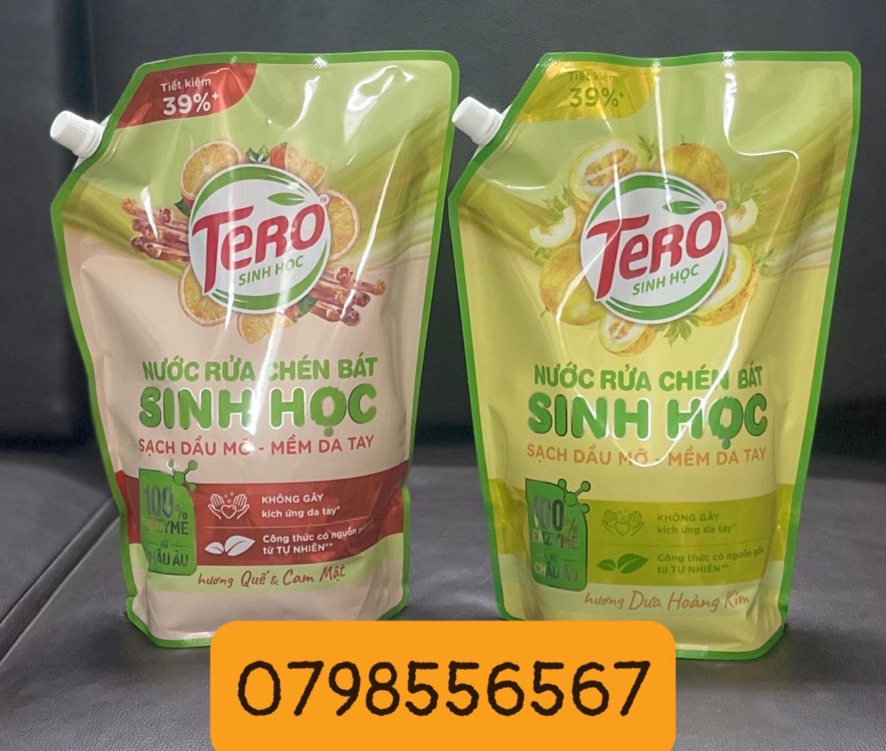 Nước rửa chén TERO Sinh Học enzyme Châu Âu, bảo vệ da tay túi lớn 1,8kg siêu tiết kiệm