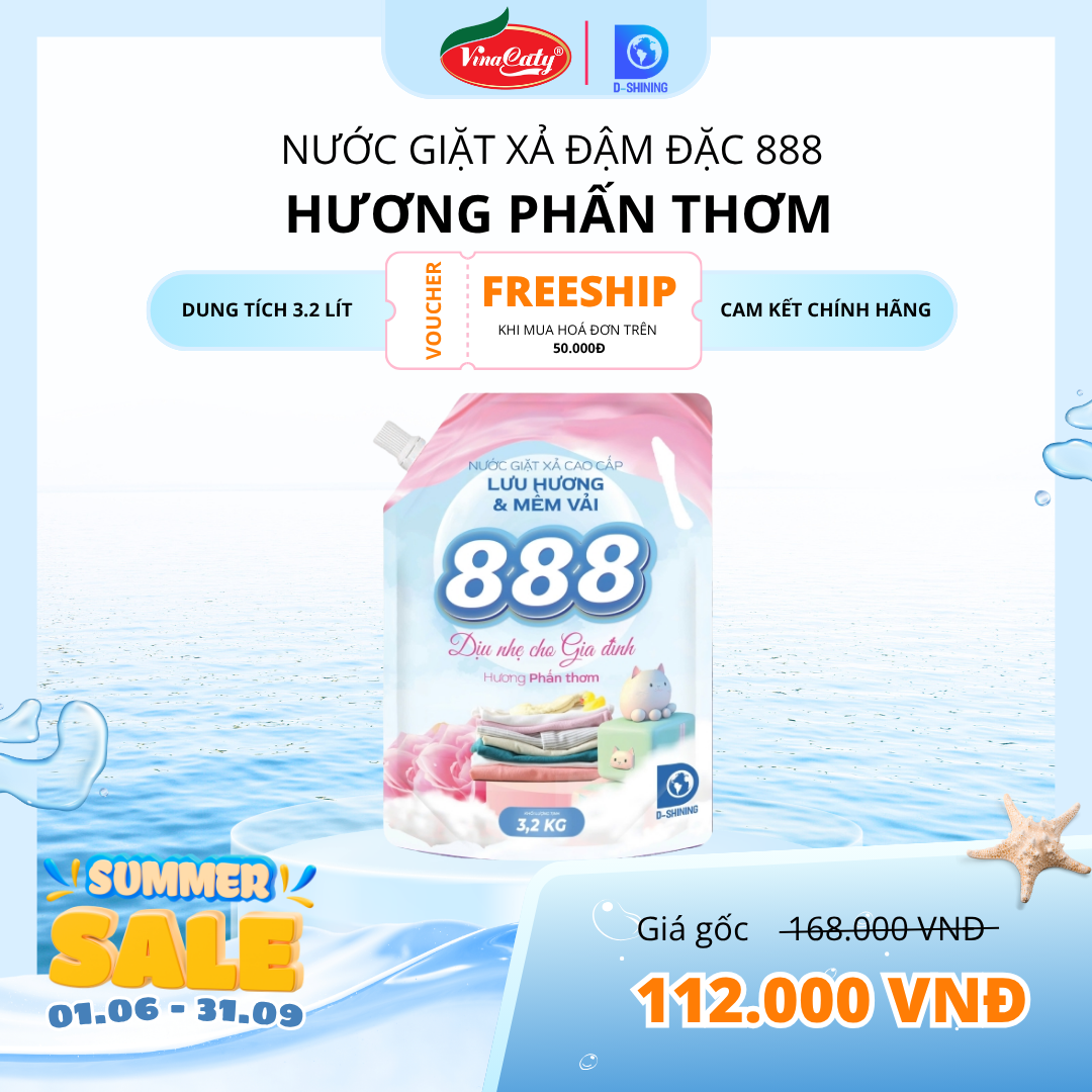 [1 Túi] Nước Giặt Xả Đậm Đặc 888 2in1 - Hương Phấn Thơm - Túi 3,2kg - Dịu nhẹ cho gia đình