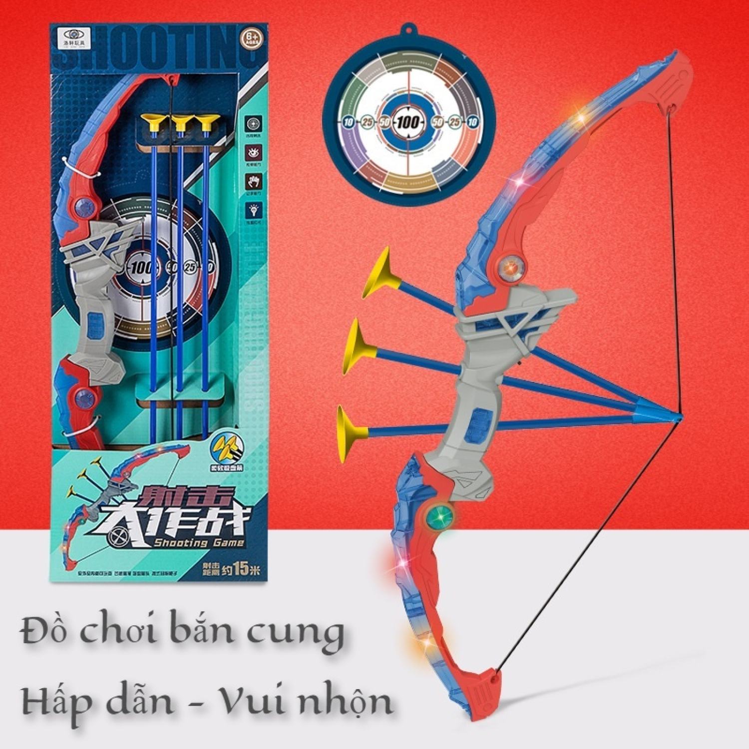 Đồ chơi Bắn Cung có đèn led có bia hồng tâm - Cung tên đồ chơi - Mũi tên bắn cung - Đồ chơi trẻ em - Đồ chơi nhập khẩu