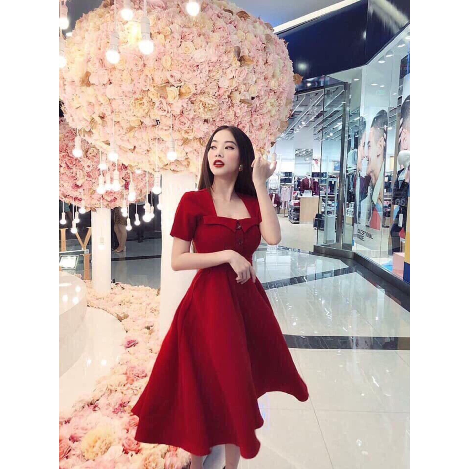 Đầm maxi dáng xòe chất kate lụa kèm đai bel có hình thật đỏ - đen – trắng