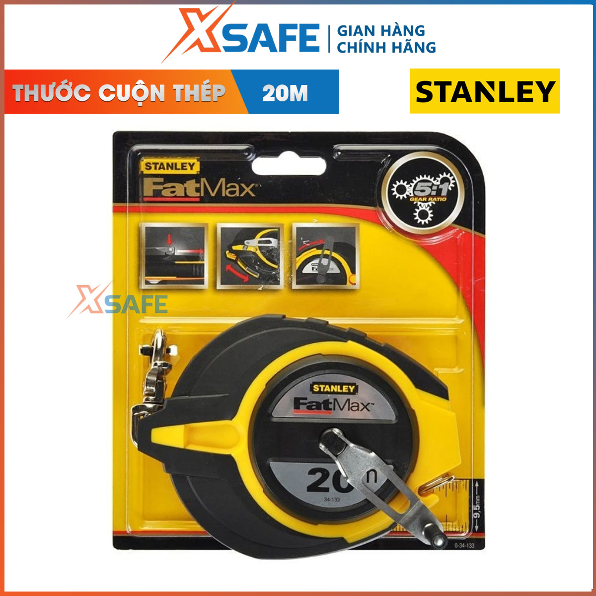 Thước cuộn thép 20m FAT MAX Stanley 0-34-133 Đầu thước Stanley có móc cố định và khóa chống trượt,Nắm cao su cải thiện, cảm giác thoải mái khi nắm