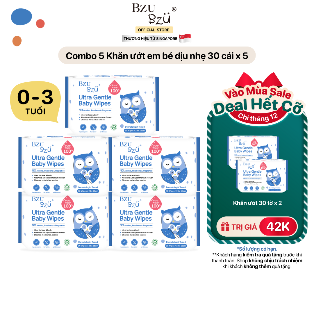 Combo 5 Gói Khăn Ướt Em Bé BZU BZU Ultra Gentle Baby Wipes Dịu Nhẹ Không Mùi Gói 30 Tờ