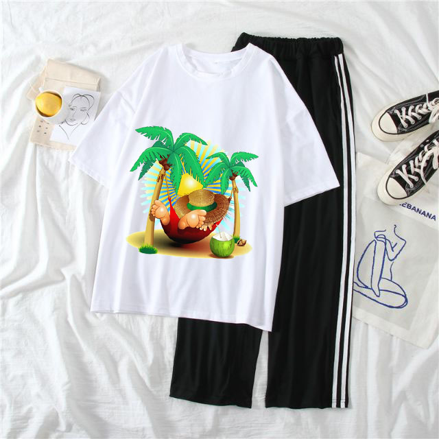 Sét Bộ Thời Trang Ulzzang Nam Nữ Học Sinh Mùa Hè Mặc Đi Chơi Siêu Cute, Áo Cotton In Nghỉ Mát Nằm Võng Dừa Kèm Quần Cá Tính