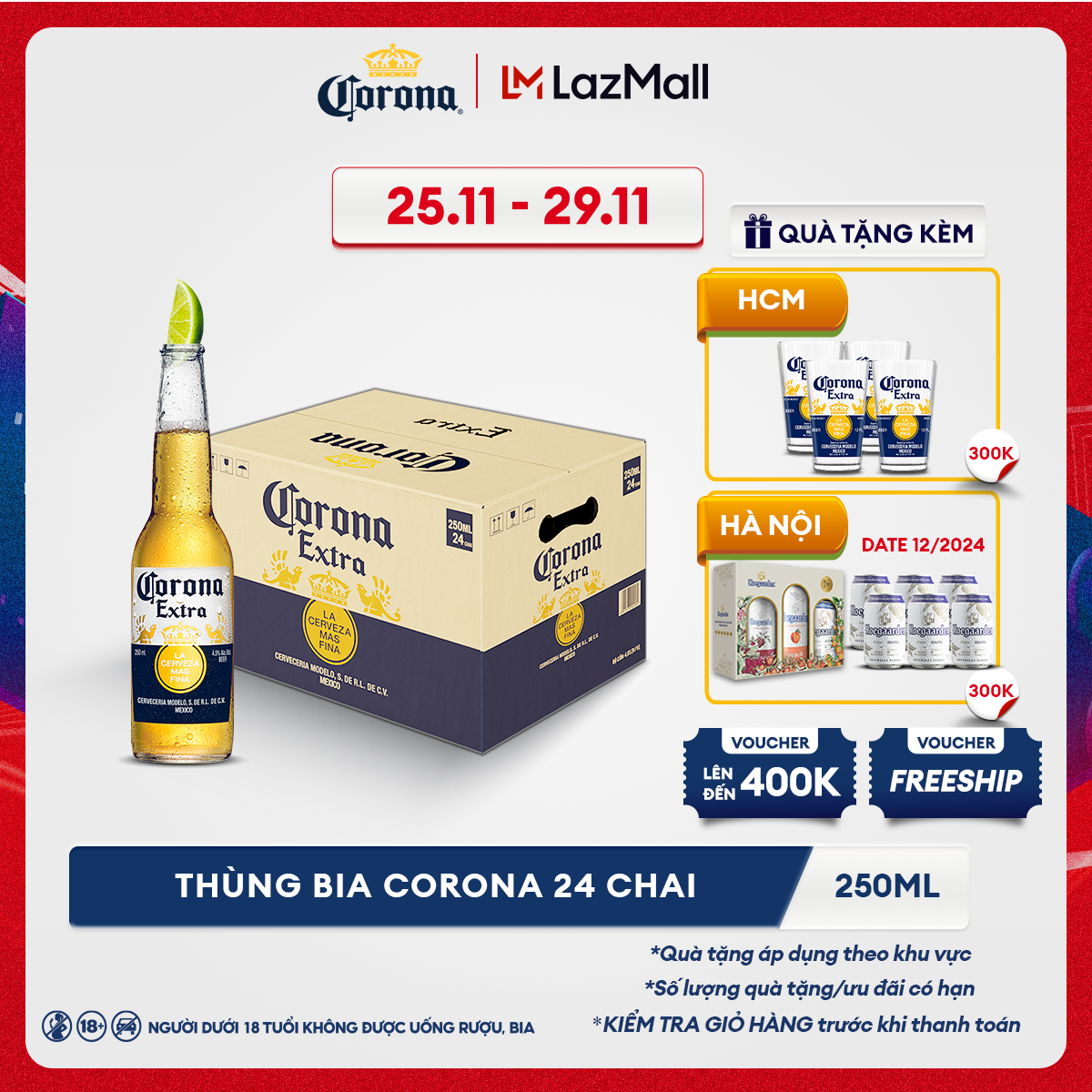 [25.11 - 29.11 VC ĐẾN 100K+FS] Thùng 24 Chai Bia Corona (250ml/chai)