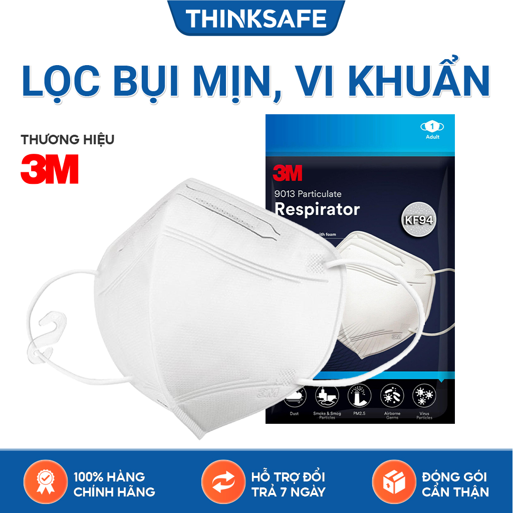 Khẩu trang phòng dịch 3M 9013 kháng khuẩn và chống bụi mịn đạt chuẩn KF94, thiết kế không đau tai - Bảo hộ Thinksafe