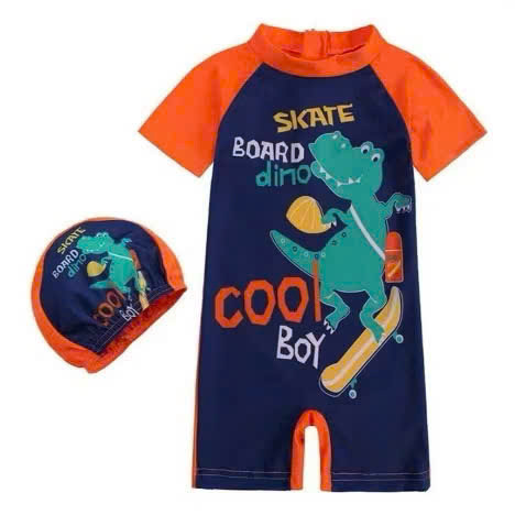Đồ bơi liền thân cho bé trai kèm mũ hoạ tiết khủng long 3 sừng ,Quần bơi cho bé trai sz 10-30kg kèm mũ, đồ bơi cho bé trai