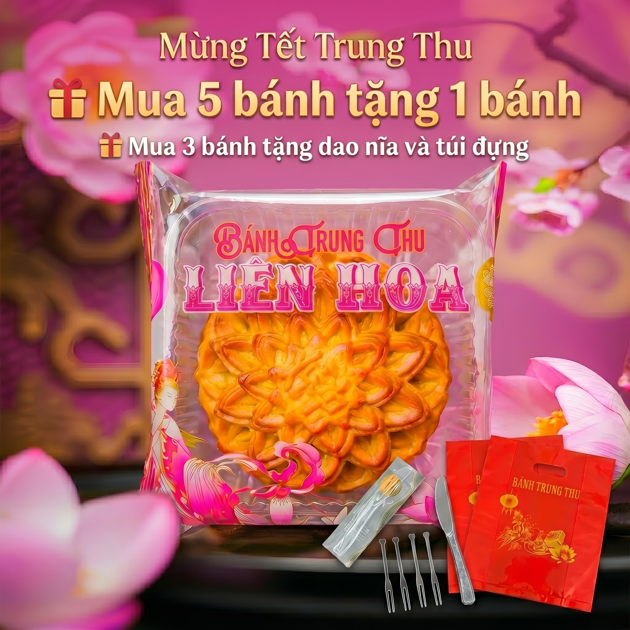 Bánh trung thu chay Liên Hoa [ MUA 5 TẶNG 1 ] hương vị cổ truyền ngọt thanh tự nhiên 130gr
