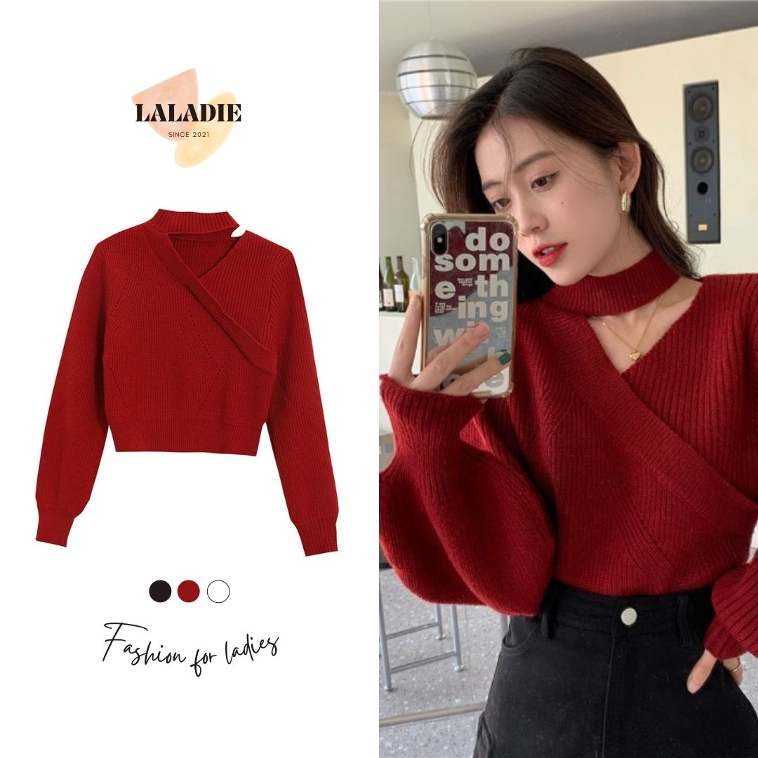 Áo len laladie cổ khuyết dáng lửng phong cách vintage dành cho nữ a24