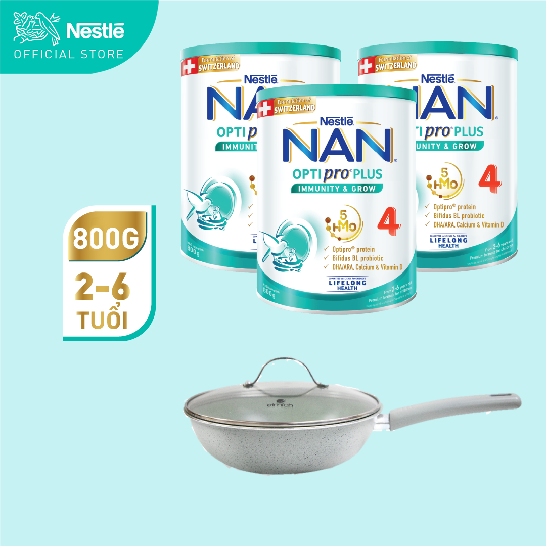 Bộ 3 lon sữa bột nestlé nan optipro plus 4 800g/lon với 5hmo giúp tiêu hóa tốt + tăng cường đề kháng + tặng chảo elmich