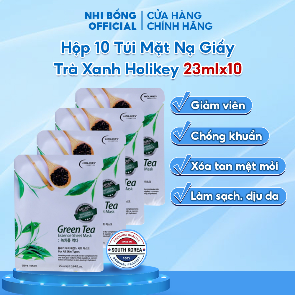 Hộp 10 Túi Mặt Nạ Giấy Trà Xanh HOLIKEY Hàn Quốc chiết xuất lá trà xanh giúp trắng da dưỡng ẩm ngăn ngừa mụn & giảm dầu 25mlx10