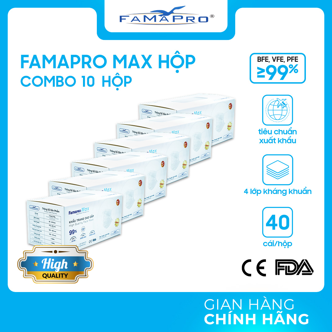 Combo 10 hộp khẩu trang y tế cao cấp 4 lớp FAMAPRO MAX kháng khuẩn (40 cái / Hộp)