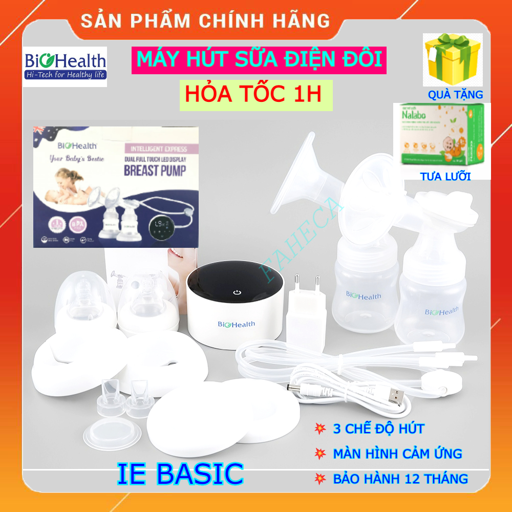 Máy hút sữa điện đôi biohealth ie basic pin sạc tích điện - máy kích sữa mẹ 2 bình, 4 chế độ - công nghệ úc