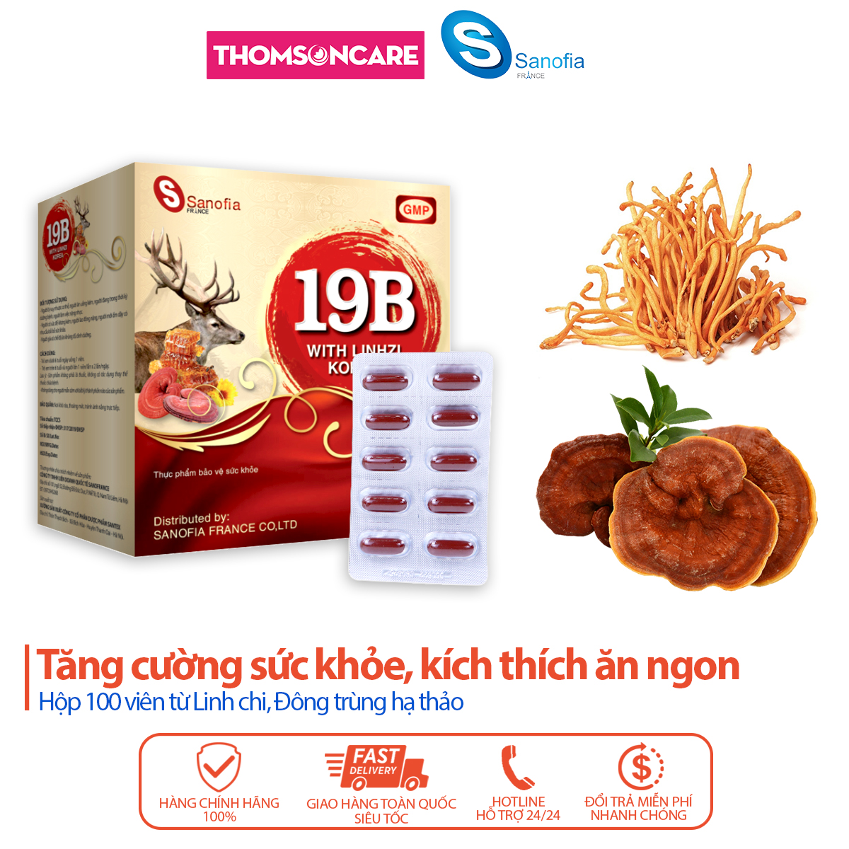 Viên ăn ngủ ngon 19B with Linhzi Korea - Giúp ăn ngủ ngon, giảm mệt mỏi, căng thẳng từ cao linh chi-Hộp 100v Thomsoncare