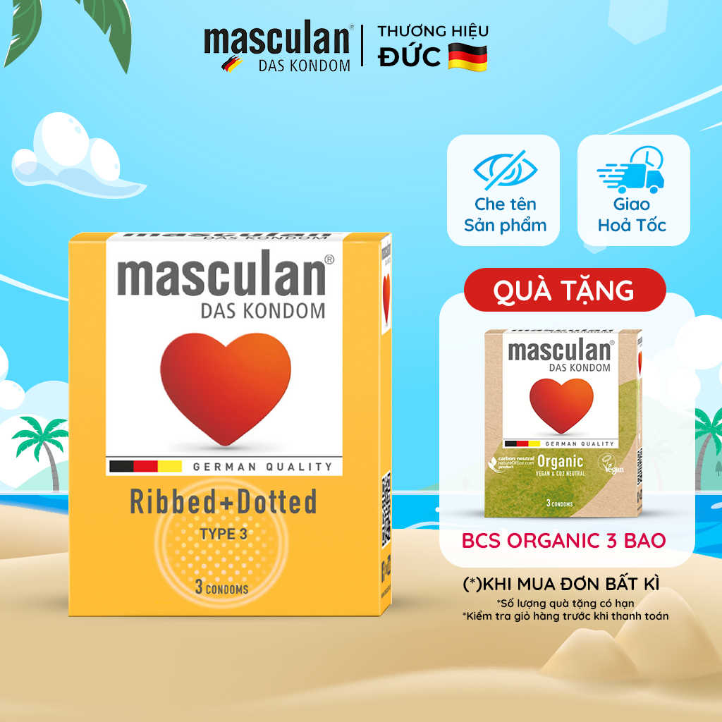 Bao cao su Đức Masculan Ribbed+Dotted có gân và chấm hạt liti - Size 52mm không mùi cao su - Che tên sản phẩm khi giao hàng