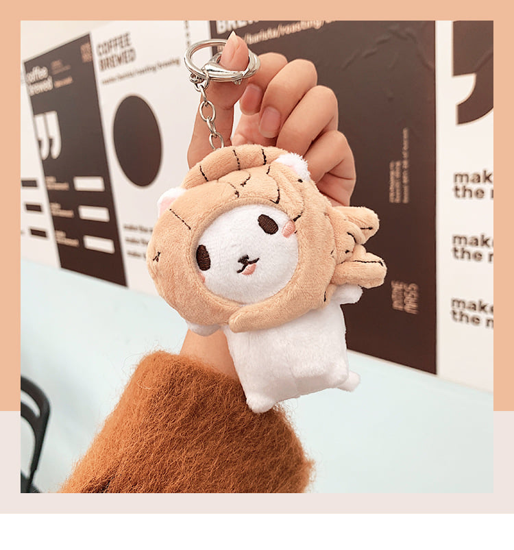 Móc khóa thú nhồi bông, móc chìa khoá keychain mèo đội mủ cá, gấu bông hình mèo dễ thương