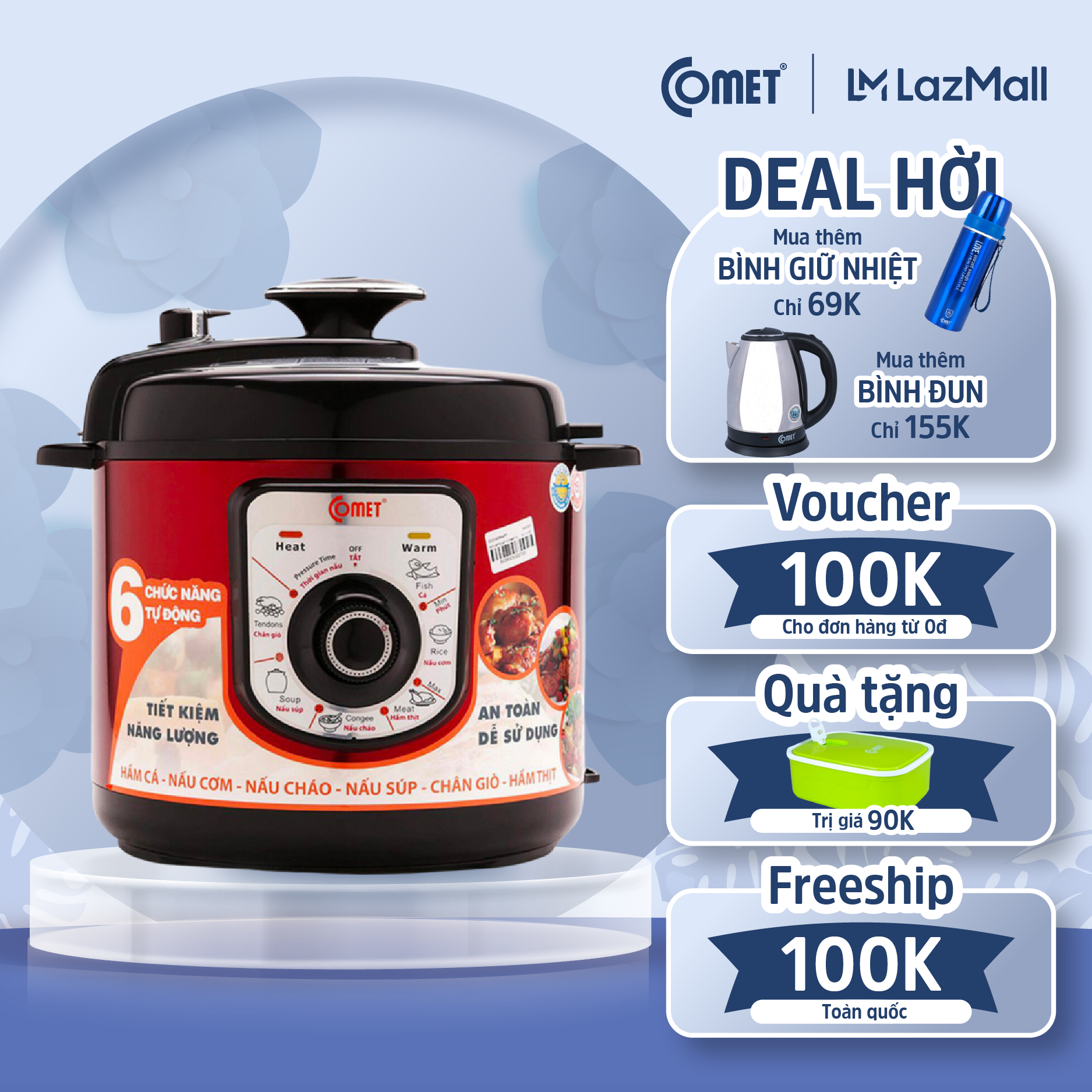Nồi áp suất đa năng 5l nắp rời 1000w comet cm6160 - hàng chính hãng - bảo hành 12 tháng