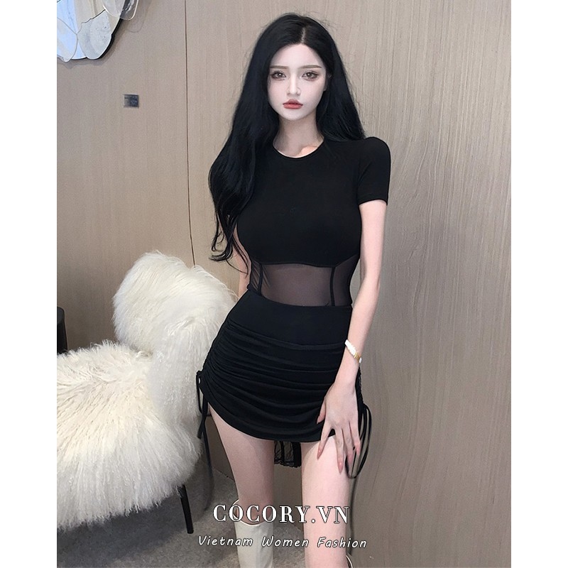 ❀ Bộ Áo Croptop Dệt Kim / Chân Váy Ngắn Lưng Cao Phối Lưới Gợi Cảm Cho Nữ