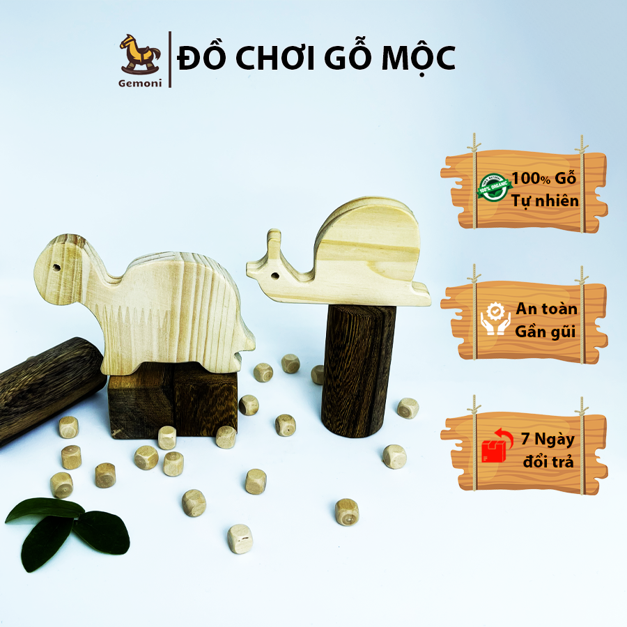 Thú gỗ mộc rùa và sên cho bé tô màu - đồ chơi gỗ gemoni