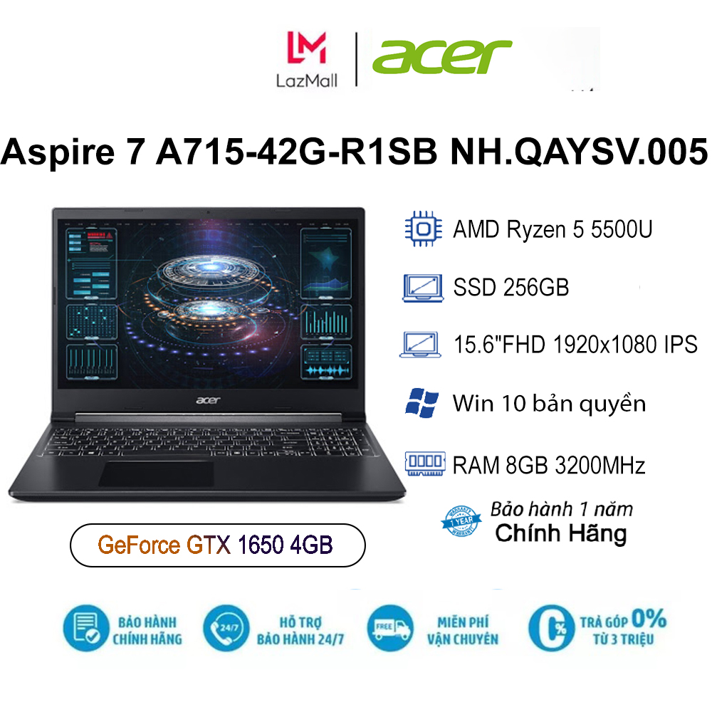 Laptop ACER Aspire 7 A715-42G-R1SB NH.QAYSV.005 R5-5500U| 8GB| 256GB| 15.6″FHD| VGA 4GB| WIN10 - Hàng chính hãng new 100%
