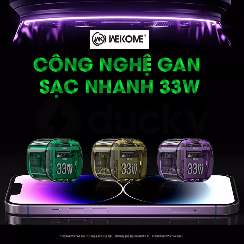 Củ sạc trong suốt wekome wp-u115 33w củ sạc nhanh 33w 2 cổng usb + type c
