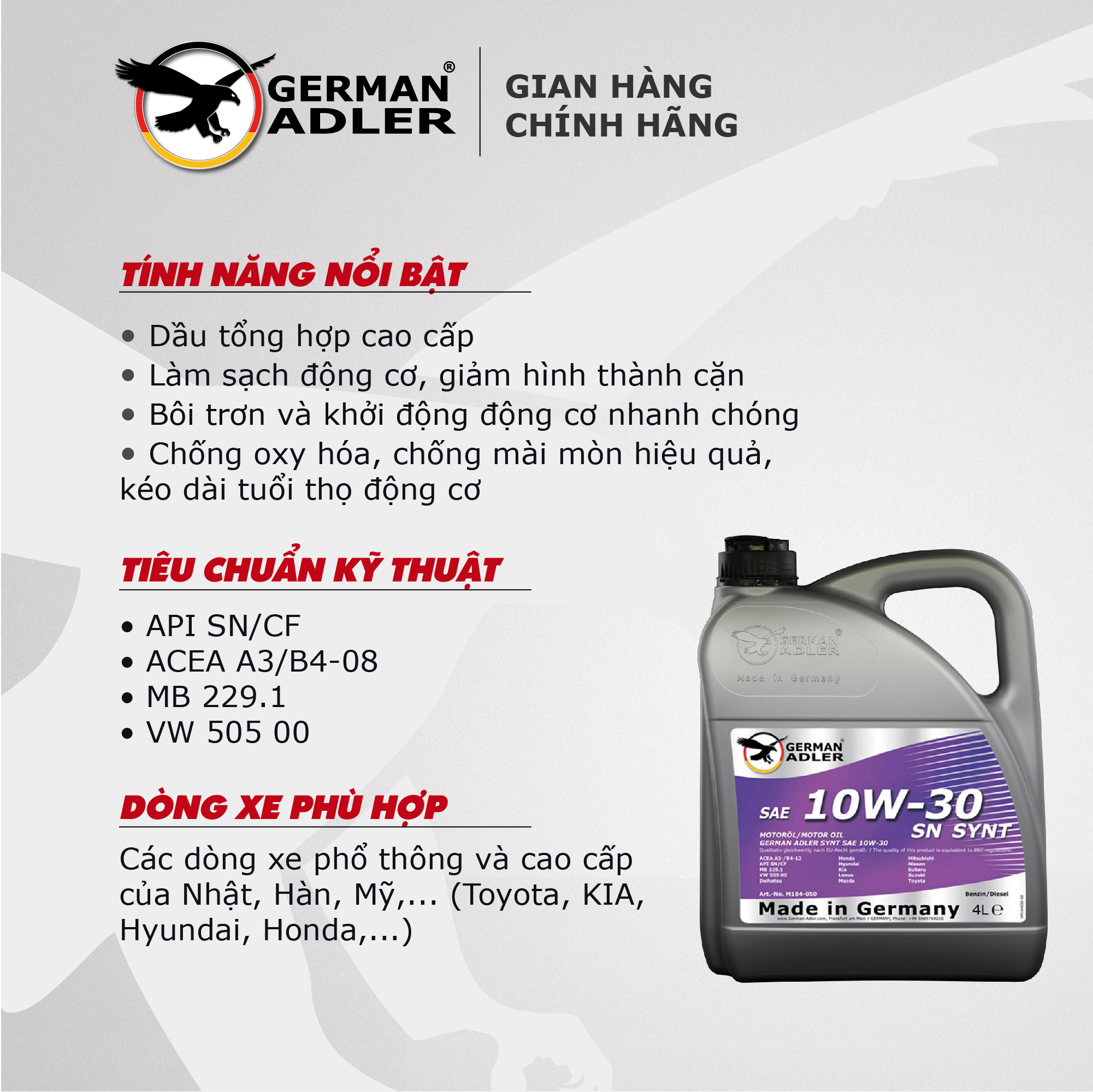 Dầu nhớt động cơ german adler synt sae 10w-30 4 lít