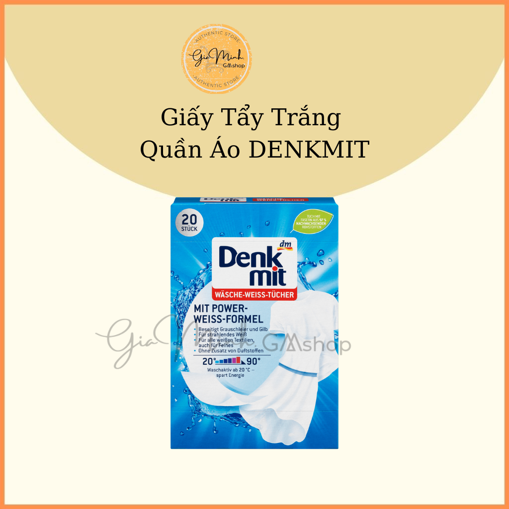 Giấy giặt tẩy quần áo trắng Denkmit, giấy tẩy trắng, giữ màu trắng áo quần, hộp 20 miếng- Nội Địa Đức