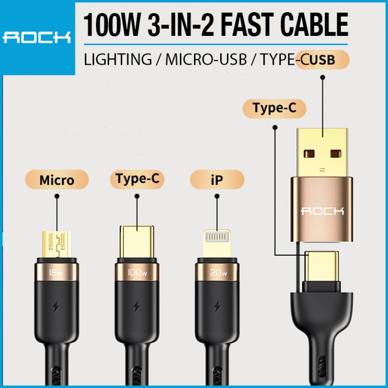 Dây cáp sạc nhanh đa năng ba đầu Rockspace G18 Lightning, Micro, TypeC dây dù, sạc 3 thiết bị cùng lúc công suất 100W