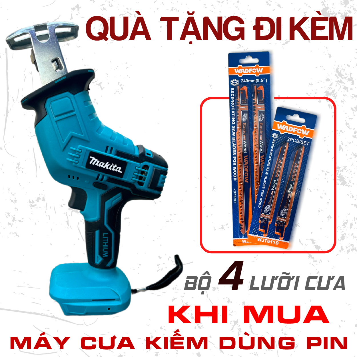Thân máy cưa kiếm pin phổ thông, cắt gỗ cắt sắt tặng kèm bộ 4 lưỡi cưa