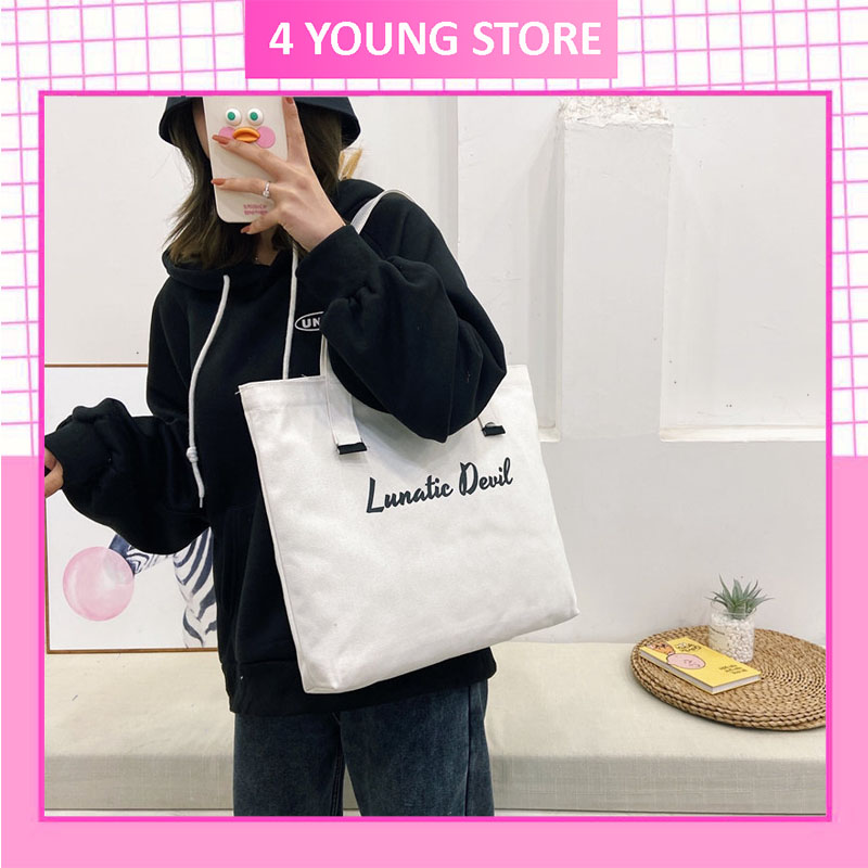 Túi tote vải canvas Hàn Quốc đi học đi chơi đẹp giá rẻ thời trang phong cách Ulzzang có khóa kéo form rộng đựng vừa laptop 4inch và A4 T005
