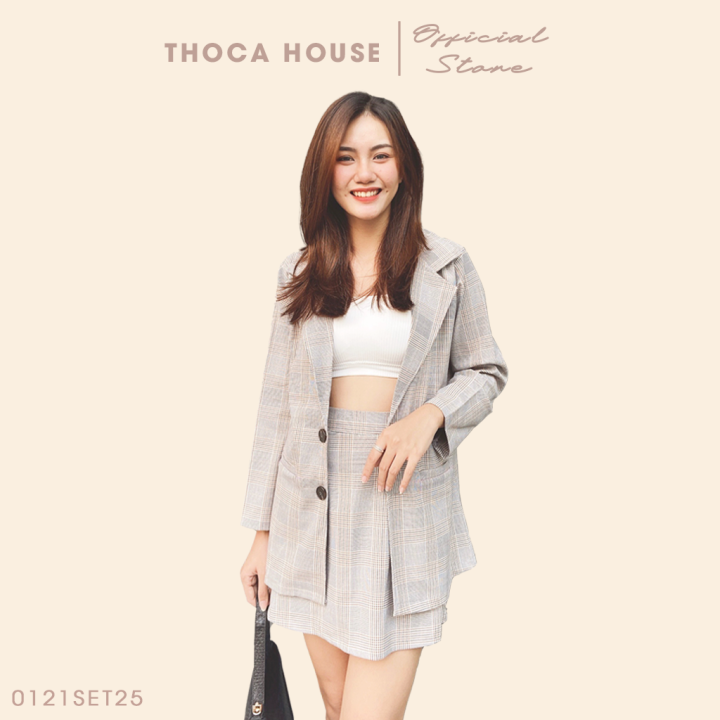 Set khoác vest blazer tay dài 2 túi phối chân váy ngắn caro THOCA HOUSE basic thanh lịch, phù hợp đi làm, đi công tác