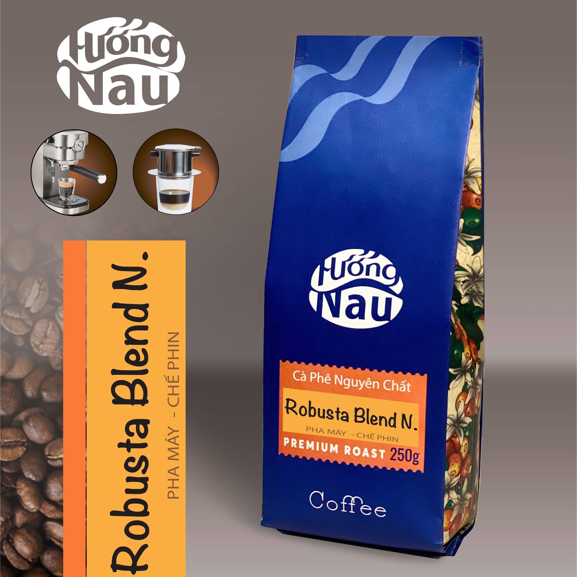 250GRAM, CÀ PHÊ HẠT RANG XAY NGUYÊN CHẤT HƯƠNG NÂU ROBUSTA NATURAL BLEND, RANG MỘC, KHÔNG TẨM ƯỚP, PHA PHIN VÀ PHA MÁY