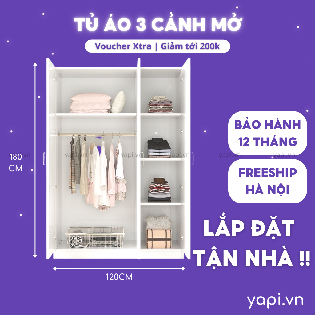 [Hàng Cao Cấp] Tủ áo gia đình, tủ để đồ- quần áo bằng gỗ MDF cao cấp tiện lợi GHC-51464