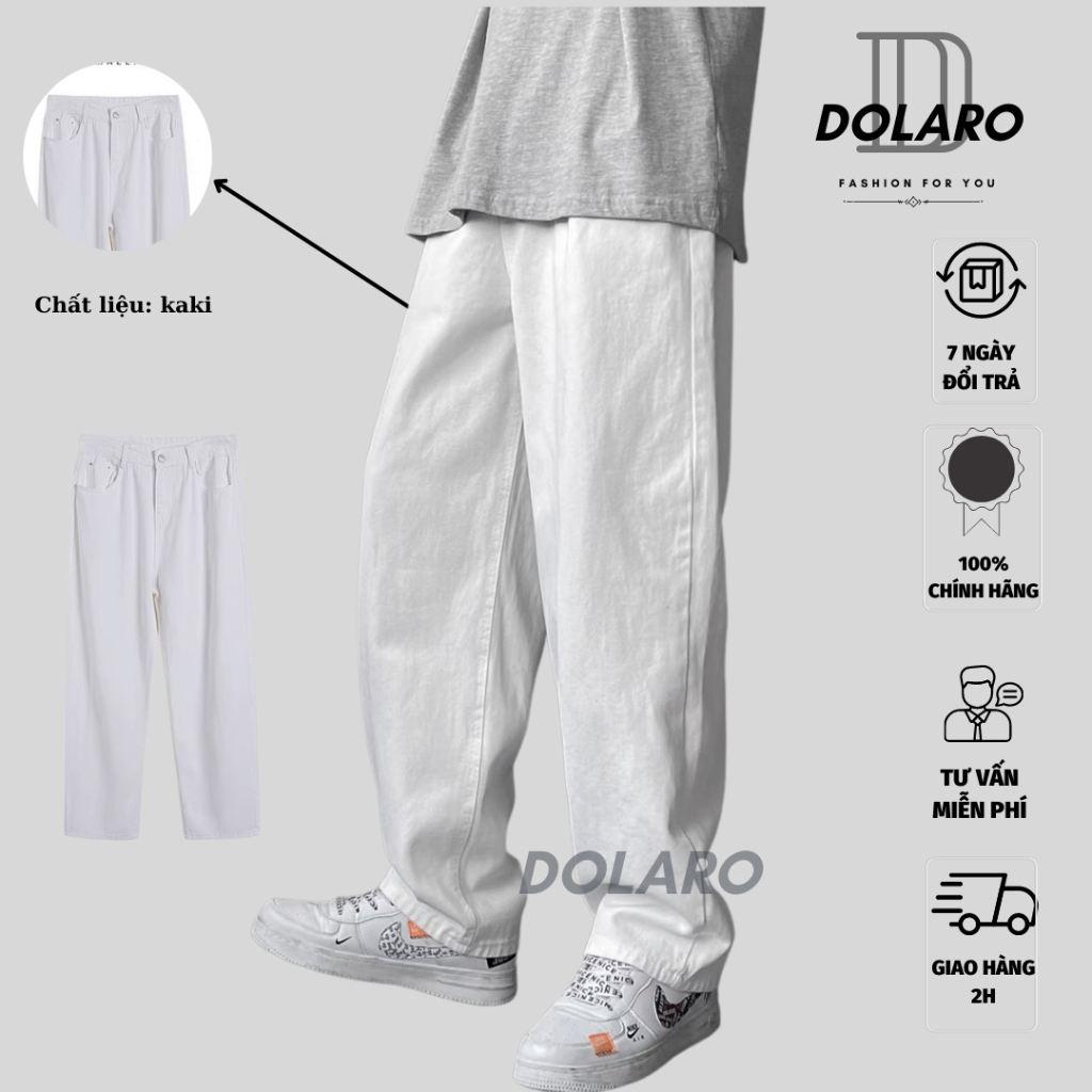 Quần kaki trắng nam baggy DOLARO ống suông rộng dáng đứng, quần ống rộng dáng cao unisex phong cách