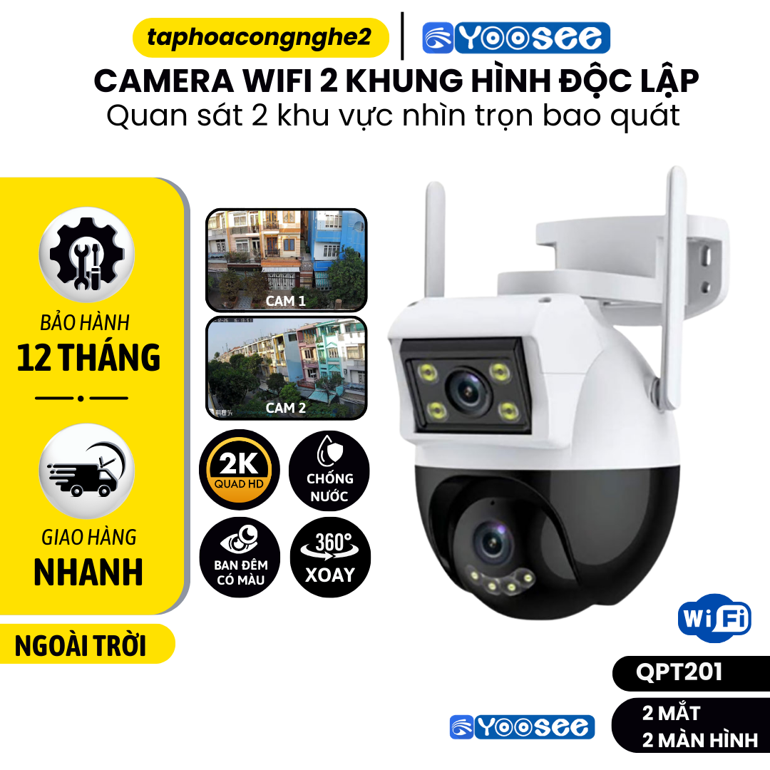 CAMERA WIFI YOOSEE 2 Mắt 2 Màn Hình, Độ Phân Giải FHD 2K, Đàm Thoại 2 Chiều, Chống Bụi, Hỗ Trợ Đèn FLASH Ban Đêm Có Màu - BẢO HÀNH 12 THÁNG