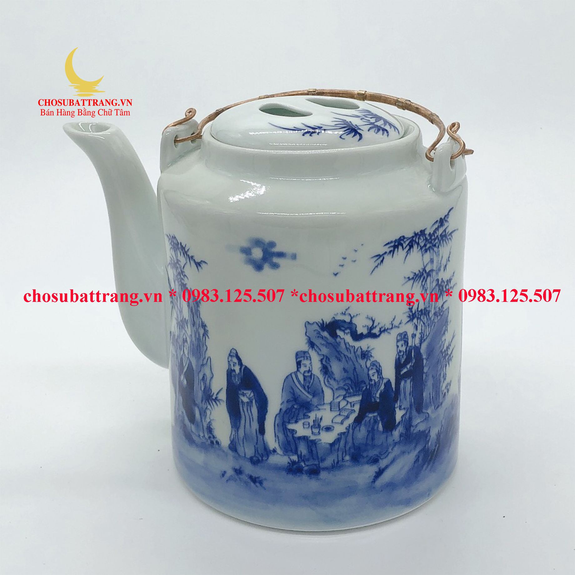 Ấm tích pha trà xanh men trắng xanh ''Trúc Lâm thất hiền'' - 1,5lit