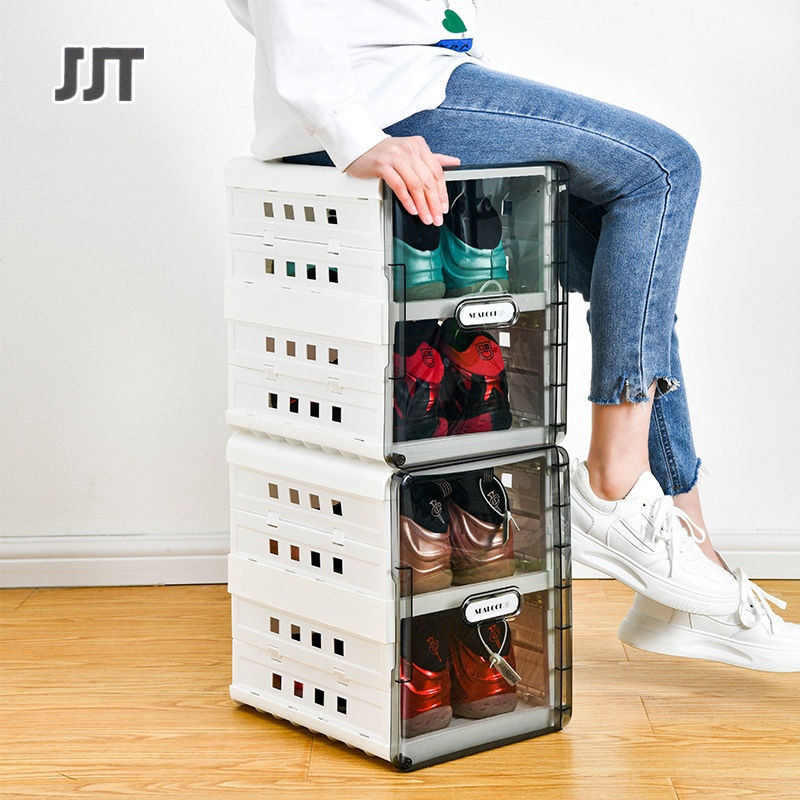 Jjt hộp đựng giày 2 tầng hộp đựng giaỳ nhựa dày trong suốt 2 ngăn 2 đôi giaỳ trưng bày chống bụi hộp bảo quản giày thể thao hộp đựng giày có thể gấp gọn lại.