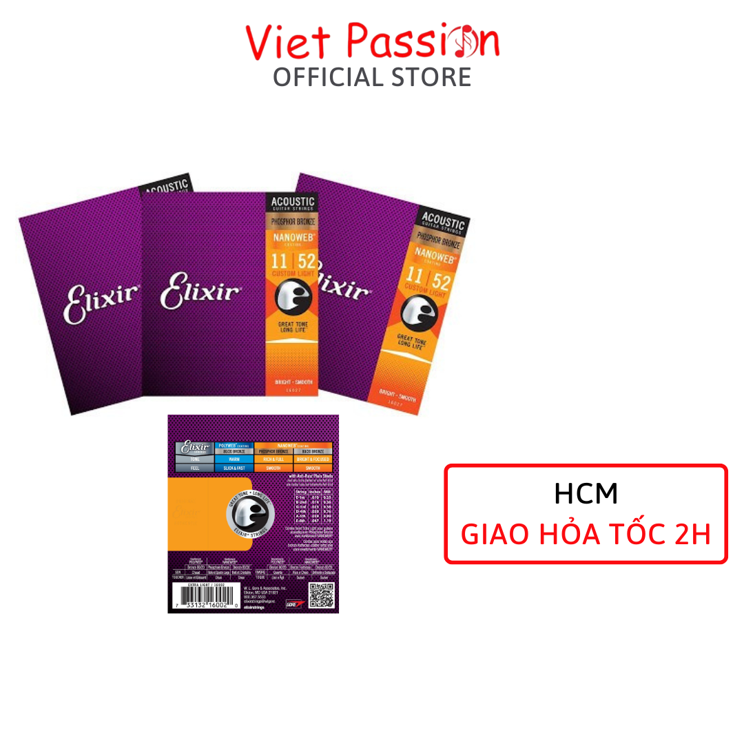 Dây đàn guitar acoustic elixir 16027 Phosphor Bronze Nanoweb cỡ 11 dây đàn Elixir 16052 và 16002 chính hãng Viet Passion HCM