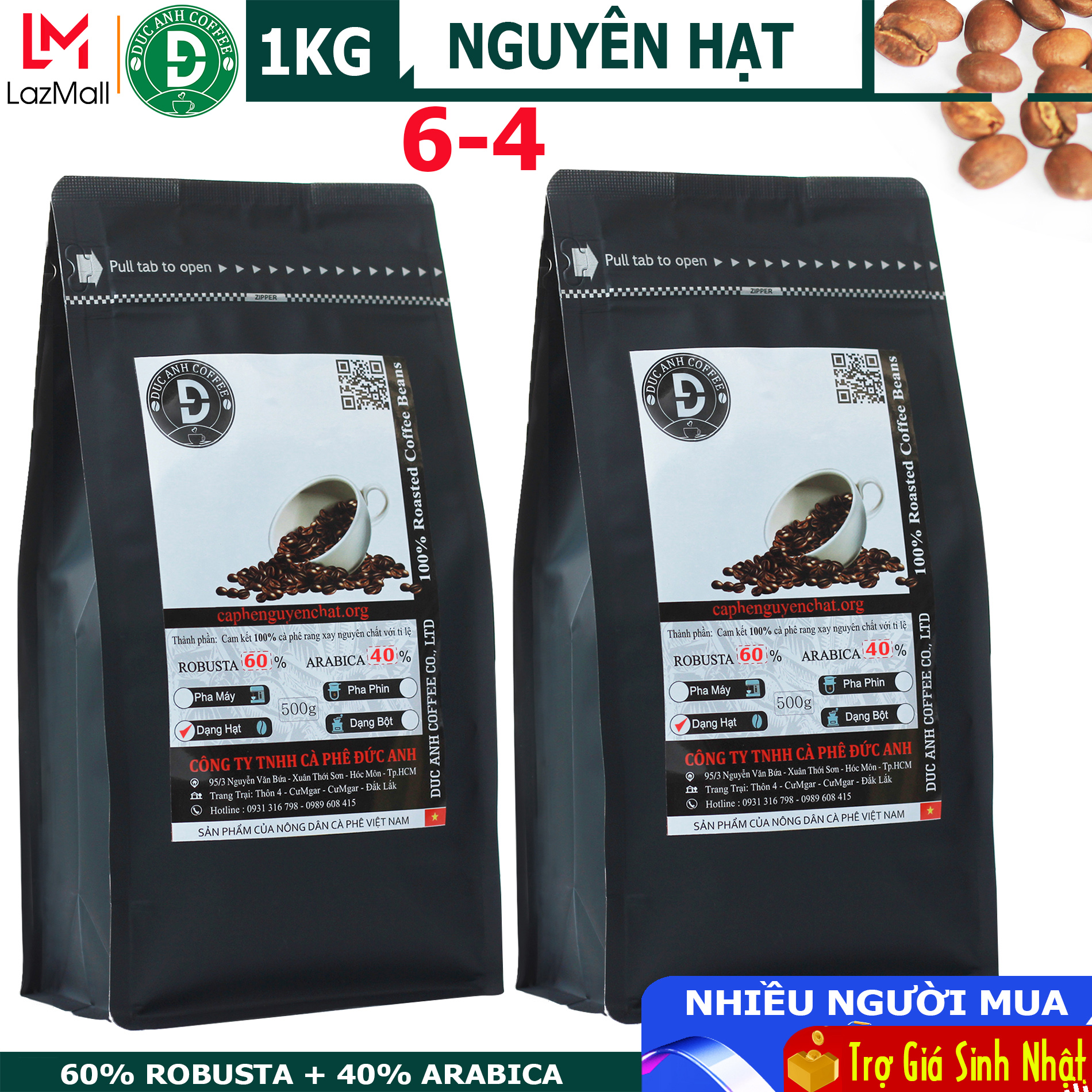 1kg Cà Phê Hạt rang mộc DUC ANH COFFEE tỉ lệ 6-4 (60% Robusta + 40% Arabica) - thơm ngon - đậm vị - chua nhẹ - cà phê đức anh - whole bean - cafe hạt rang mộc