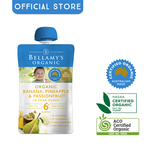 Hỗn Hợp Trái Cây Nhiệt Đới: Lê, Chuối, Dứa và Chanh Dây Hữu Cơ Bellamy's Organic