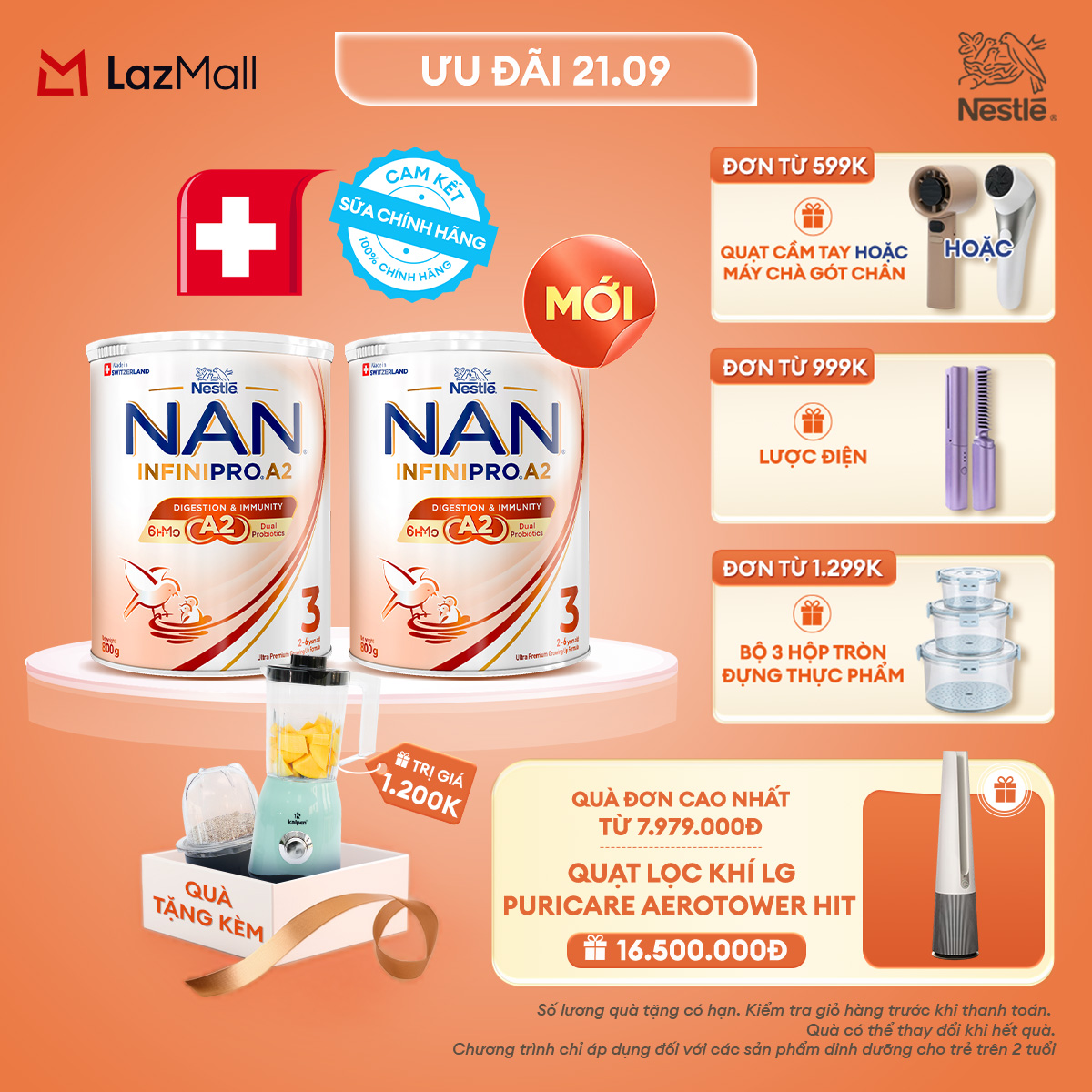 [CHỈ 21.09 QT ĐƠN 599K/999K/1299K][Tặng Máy xay sinh tố Kalpen kèm cối nhỏ] Combo 2 lon Sữa bột Nestle NAN INFINIPRO A2 3 800g Cho Bé 2 - 6 Tuổi Có Đạm A2, 6HMO  Lợi Khuẩn Kép hỗ trợ tiêu hóa, đề kháng