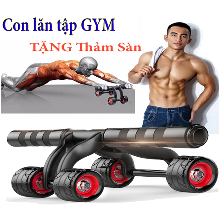 Con lăn tập bụng [ TẶNG THẢM XỐP ] Dụng cụ tập cơ bụng 4 bánh. Bánh xe gập bụng cao cấp, hiện đại.