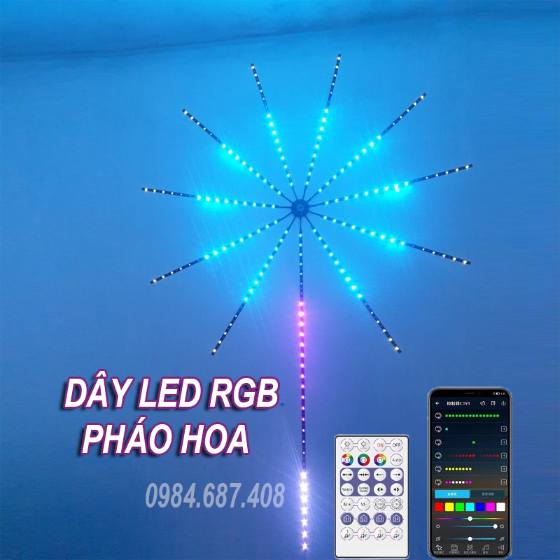 Bộ đèn led hiệu ứng pháo hoa, pháo bông cảm ứng âm thanh tự động, điều chỉnh qua app điện thoại cao cấp
